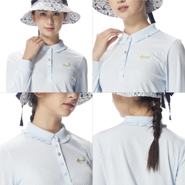【Lynx Golf】女款吸濕排汗抗UV兩側開岔胸前刺繡緹花造型POLO衫(二色)