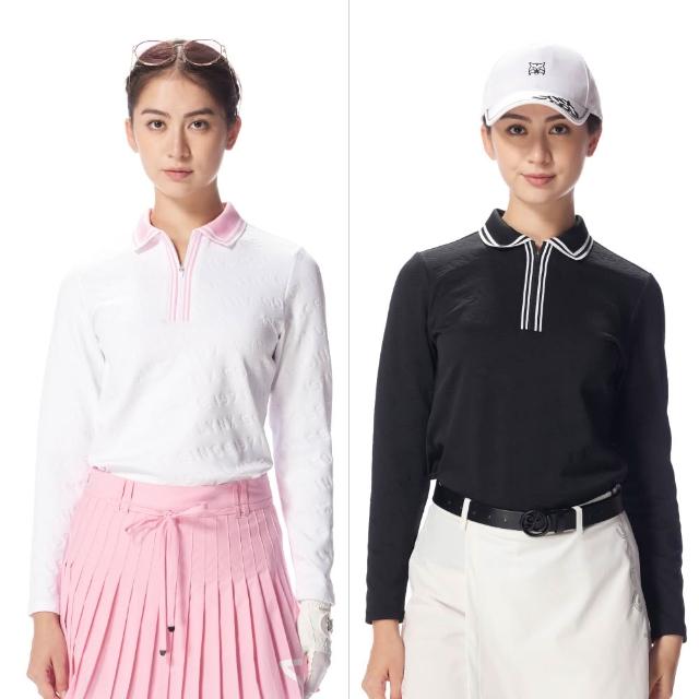 【Lynx Golf】首爾高桿風格！女款合身吸排機能電腦領滿版緹花LOGO拉鍊POLO衫(二色)