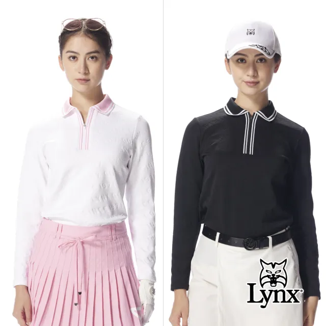 【Lynx Golf】首爾高桿風格！女款合身吸排機能電腦領滿版緹花LOGO拉鍊POLO衫(二色)