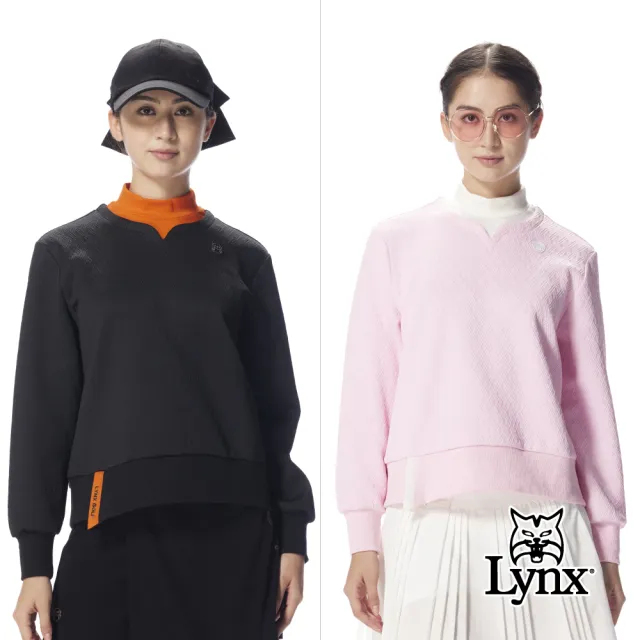【Lynx Golf】首爾高桿風格!女款寬鬆短版撞色假兩件小V領拼接半高領長T(二色)