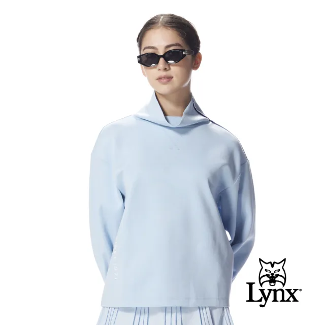 【Lynx Golf】首爾高桿風格！女款寬鬆短版寬式高領條紋織帶設計長T(二色)