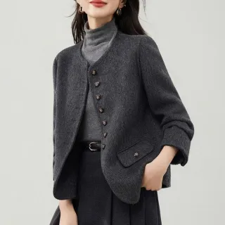 【MsMore】短款百搭外套小香風金屬扣呢子大衣#126288(黑灰)