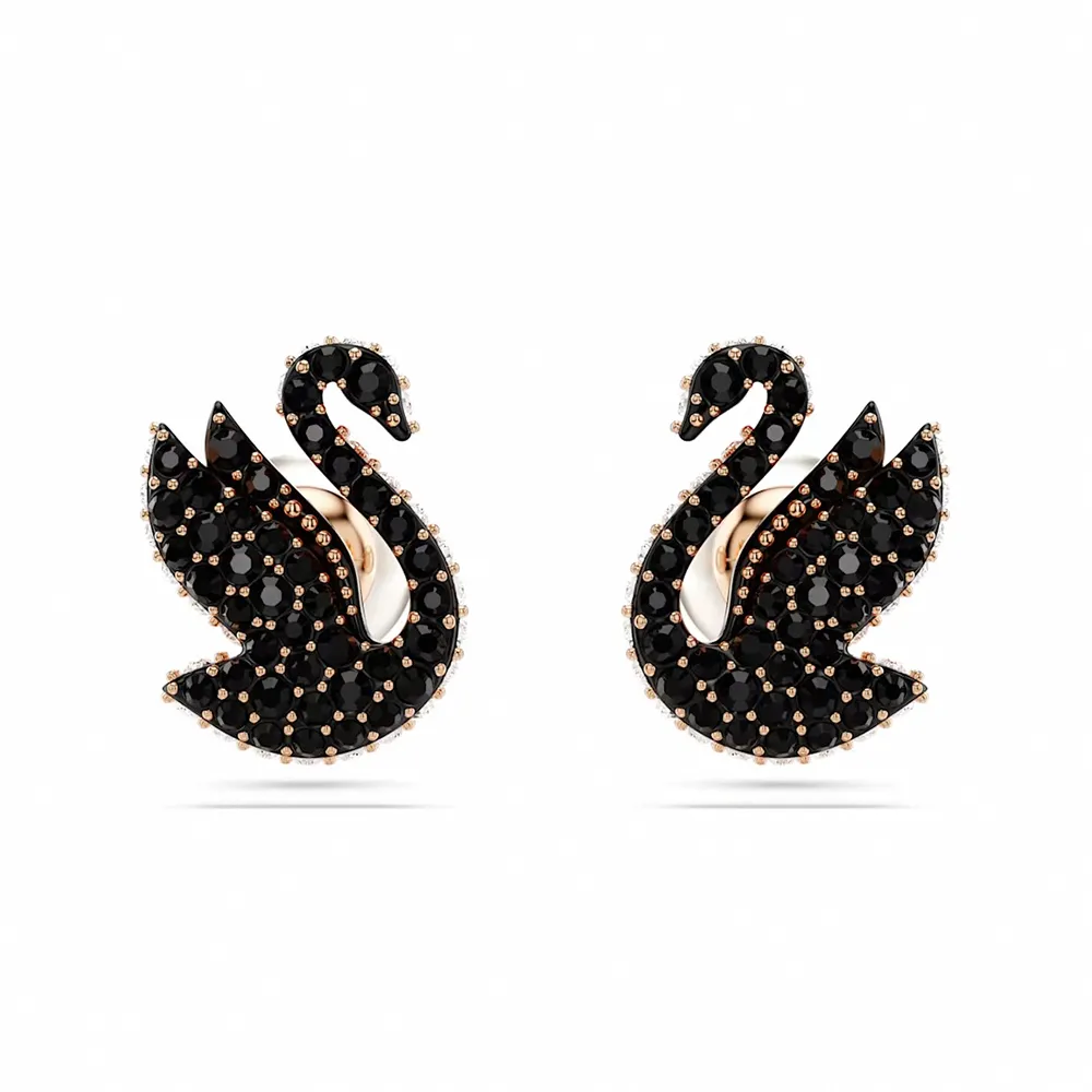 【SWAROVSKI 施華洛世奇】Swarovski Swan 耳釘 天鵝 黑色 鍍玫瑰金色調