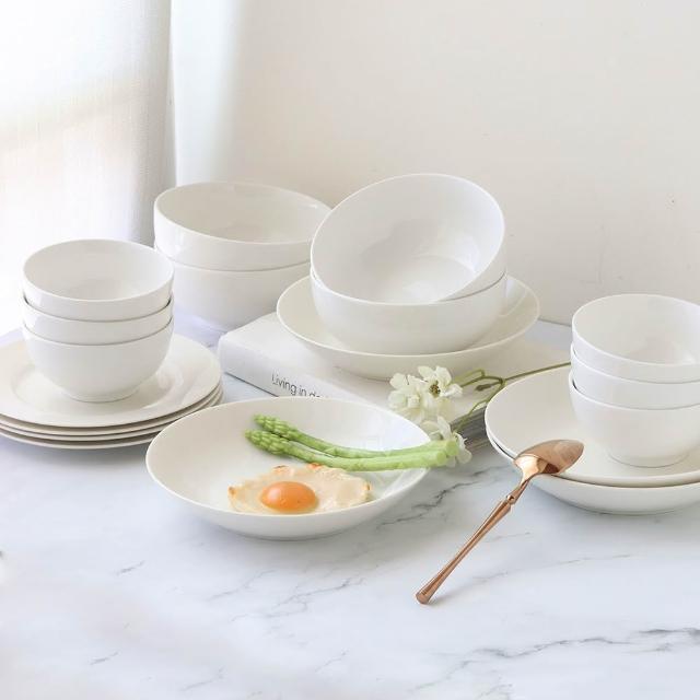 【Just Home】純白系列新骨瓷飯碗/萬用碗/餐盤組7.5吋盤/8吋深盤(可微波 飯碗 餐具/深碗/平盤/淺盤/深盤)