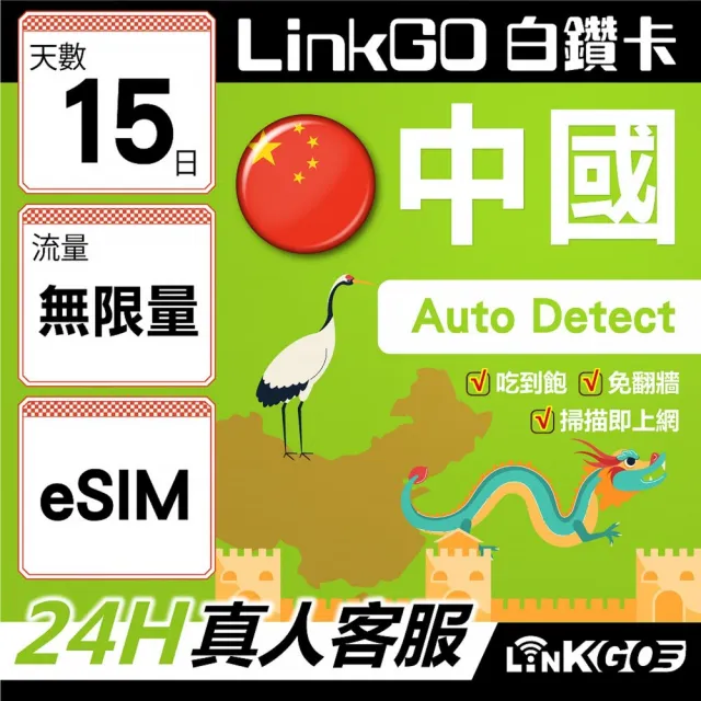 【LINKGO】白鑽卡 中國大陸 eSIM卡 15天吃到飽不降速 免翻牆支援LINE FaceBook(中國網卡 大陸 西藏 新疆)