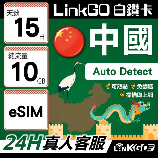 【LINKGO】白鑽卡 中國大陸 eSIM卡 15天上網總流量10GB 免翻牆支援LINE FaceBook(中國網卡 大陸 西藏 新疆)