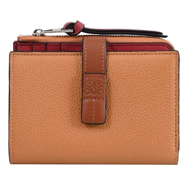 【LOEWE 羅威】簡約烙印LOGO撞色小牛皮釦式零錢短夾(棕紅)