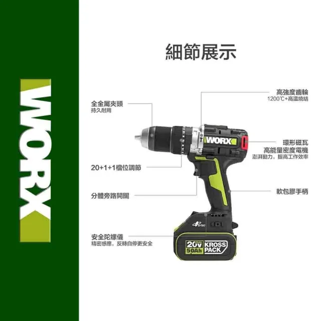 【WORX 威克士】20V 13mm 150N.m 衝擊電鑽 WU377(大扭力 電鑽 無刷鋰電衝擊鑽 三用震動電鑽 防扭手設計)