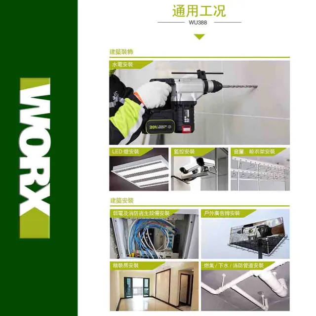 【WORX 威克士】20V 24mm 鋰電無刷免出力電錘 WU388(無刷 無碳 電錘 錘鑽 鋰電無碳三用電錘)