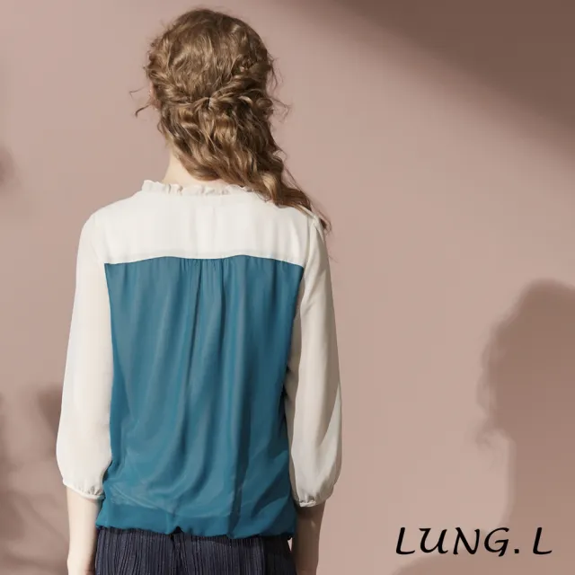 【LUNG.L 林佳樺】LT19A 湖水藍壓摺拼接米色雪紡七分袖女裝上衣(秋冬新品)