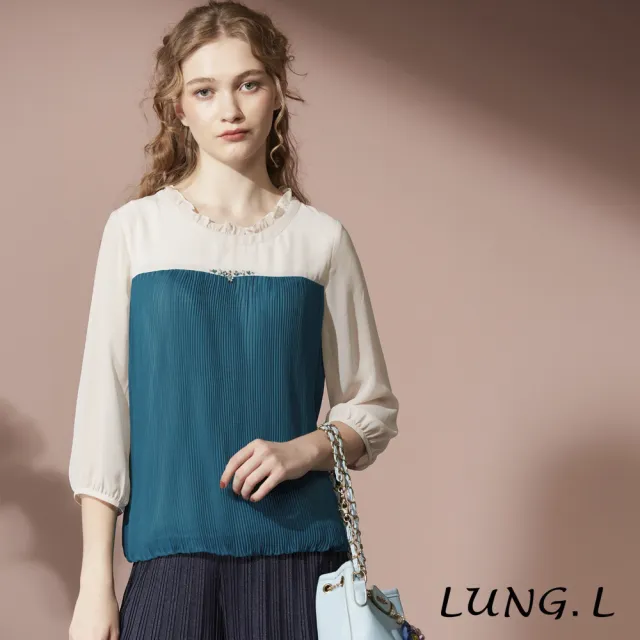 【LUNG.L 林佳樺】LT19A 湖水藍壓摺拼接米色雪紡七分袖女裝上衣(秋冬新品)