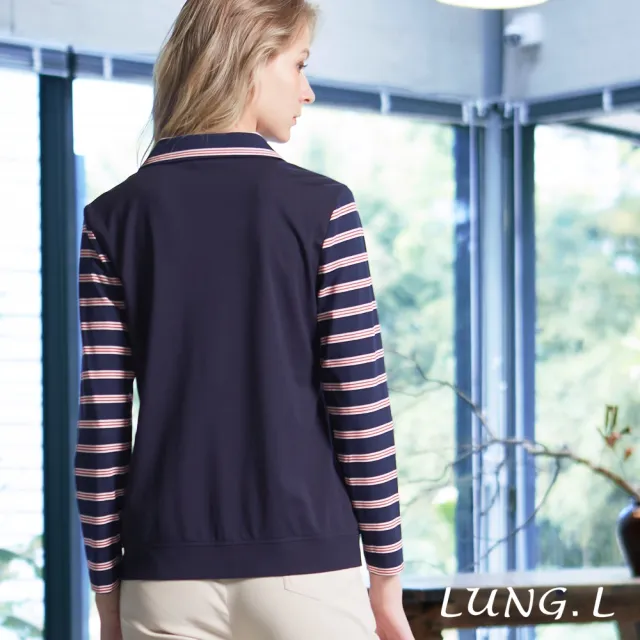 【LUNG.L 林佳樺】LT92A 藍色素面拼接紅藍條紋假2件式長袖女裝上衣(秋冬新品)