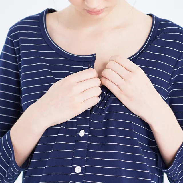【Gennies 奇妮】休閒排釦居家哺乳衣-藍白條(孕婦裝 月子服 居家服 睡衣 長袖 開扣哺乳)