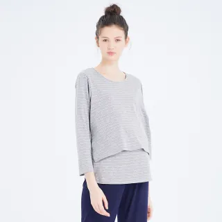 【Gennies 奇妮】親膚棉質居家哺乳衣-灰白條(孕婦裝 月子服 居家服 睡衣 長袖 假二件 上掀哺乳)