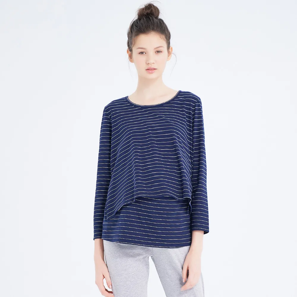 【Gennies 奇妮】親膚棉質居家哺乳衣-藍白條(孕婦裝 月子服 居家服 睡衣 長袖 假二件 上掀哺乳)