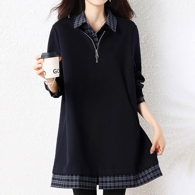 【麗質達人】7080藏藍格紋拼接假二件上衣-LY(L-5XL)