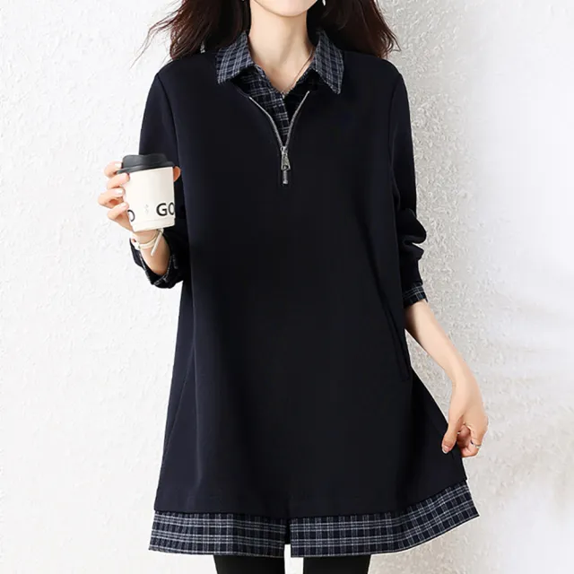 【麗質達人】7080藏藍格紋拼接假二件上衣-LY(L-5XL)