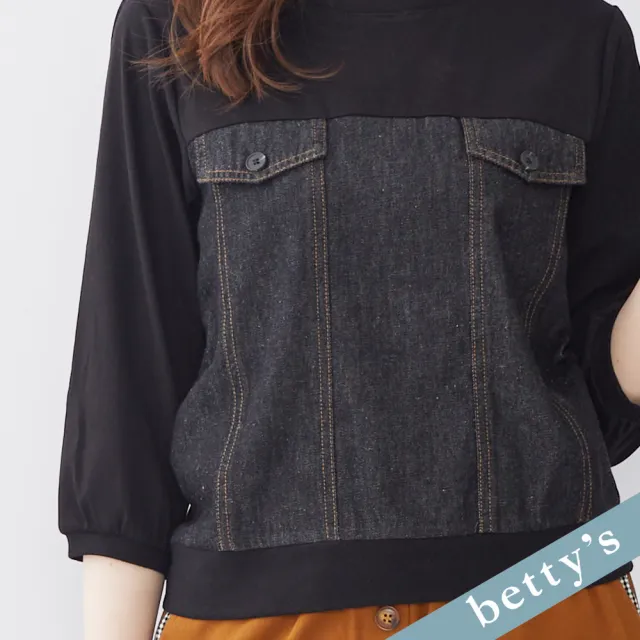 【betty’s 貝蒂思】出清品  牛仔拼接七分袖T-shirt(黑色)