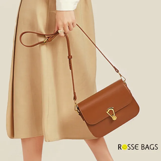 【Rosse Bags】經典百搭復古方形金扣休閒斜跨包 單肩包(白色/棕色/黑色)