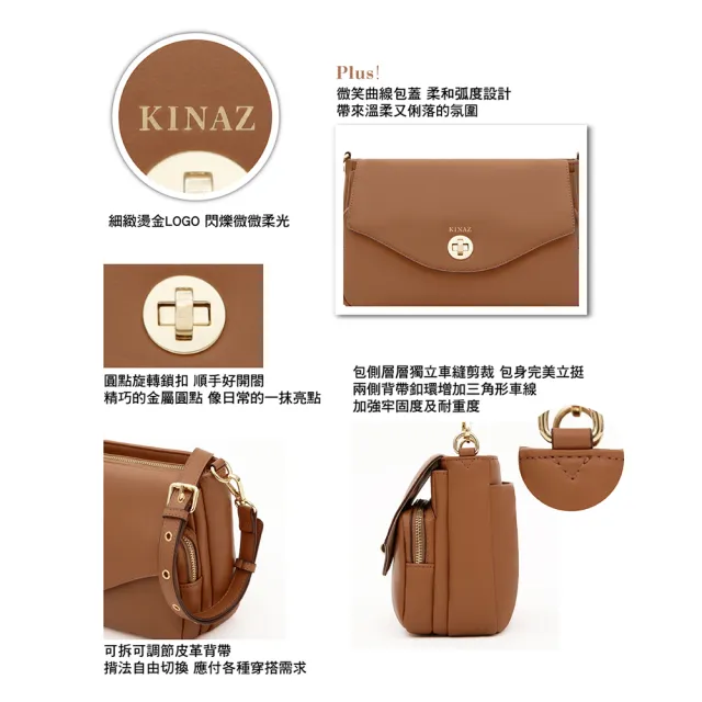 【KINAZ】多隔層圓形旋轉鎖釦掀蓋拉鍊斜背包-太妃暖糖-圓點系列