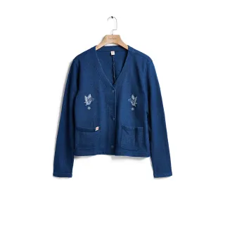 【EDWIN】江戶勝 女裝 蝴蝶刺繡針織長袖外套(拔洗藍)