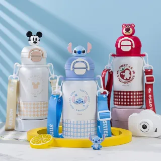 【Disney 迪士尼】316不繡鋼卡通公仔造型一蓋雙飲倒水三用保溫杯550m-米奇/草莓熊/史迪奇