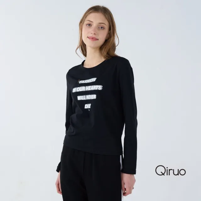 【Qiruo 奇若名品】彈性棉質 押花布底 圓領長袖黑色造型T☆ 1815A 