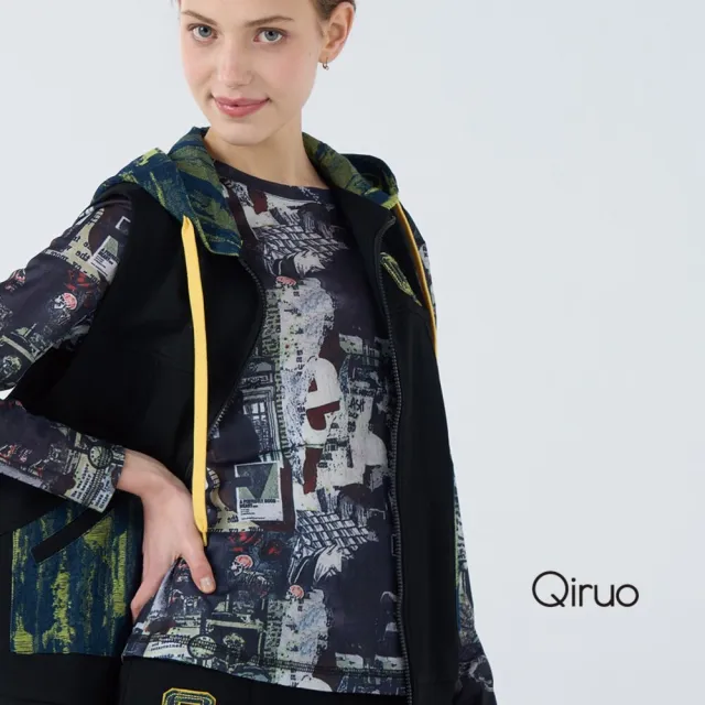 【Qiruo 奇若名品】特殊厚布料含內裡 拉鍊夾克式黑綠色連帽背心6042D 
