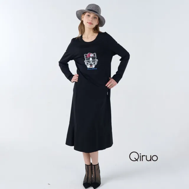 【Qiruo 奇若名品】厚彈性棉質 圓領下擺荷葉黑色長袖洋裝7114F 