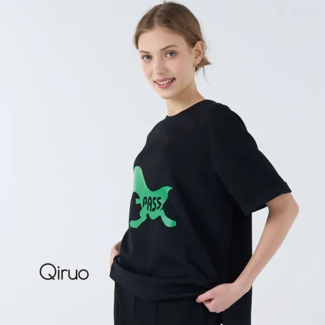 【Qiruo 奇若名品】厚棉 圓領 短袖恐龍黑色 休閒上衣 7081A 