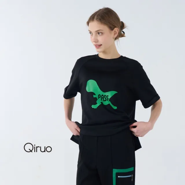 【Qiruo 奇若名品】厚棉 圓領 短袖恐龍黑色 休閒上衣 7081A 