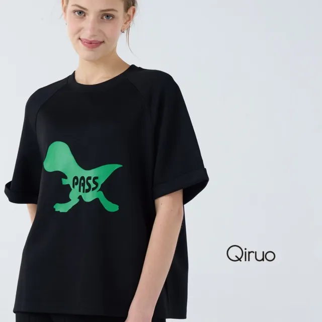 【Qiruo 奇若名品】厚棉 圓領 短袖恐龍黑色 休閒上衣 7081A 