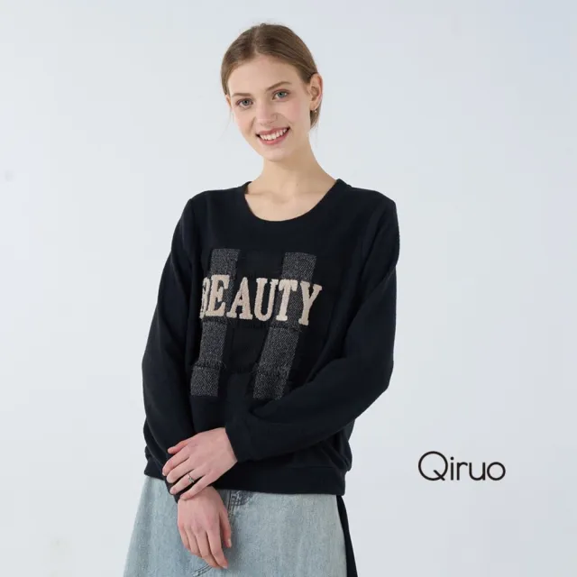 【Qiruo 奇若名品】毛絨保暖布料 圓領大英文長袖黑色長袖上衣 6248A 