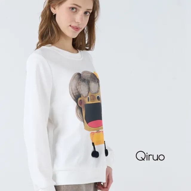 【Qiruo 奇若名品】棉質 大臉娃娃長袖白色休閒上衣 6219A 
