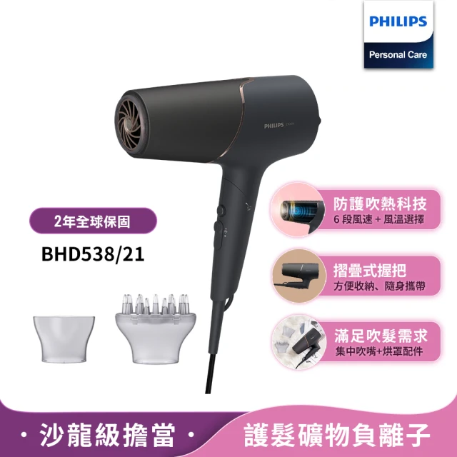 【Philips 飛利浦】官方直營 智能護髮礦物負離子吹風機-霧黑金(BHD538/21)