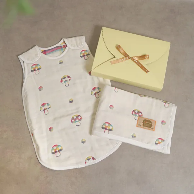 【Hoppetta】彩虹蘑菇六層紗防踢背心小蓋被禮盒組(0-3歲嬰童版 正反兩面可穿日本製冬暖夏涼四季款)
