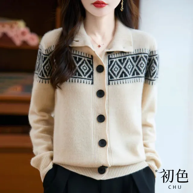 【初色】加厚保暖緹花高領翻領長袖單排釦針織開衫毛衣外套女外套-共4色-16251(F可選)