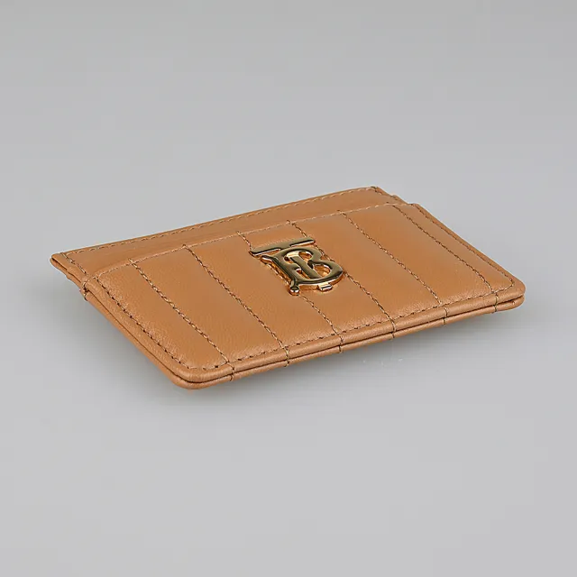 【BURBERRY 巴寶莉】BURBERRY Lola TB亮金色LOGO縫線小羊皮拼小牛皮4卡名片卡夾(棕)