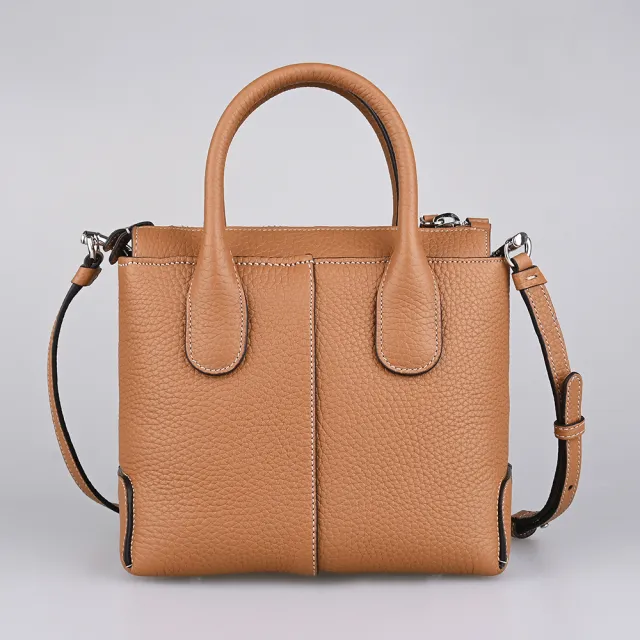 【TOD’S】TODS Di Bag 圓形皮標LOGO小牛皮內搭麂皮拉鍊斜背兩用托特包(迷你/棕)