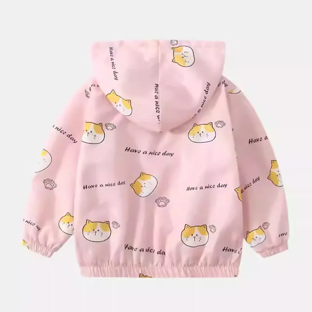【時尚Baby】童裝女童薄外套粉色可愛貓咪防風外套(女中小童薄外套休閒外套連帽春夏秋外套)