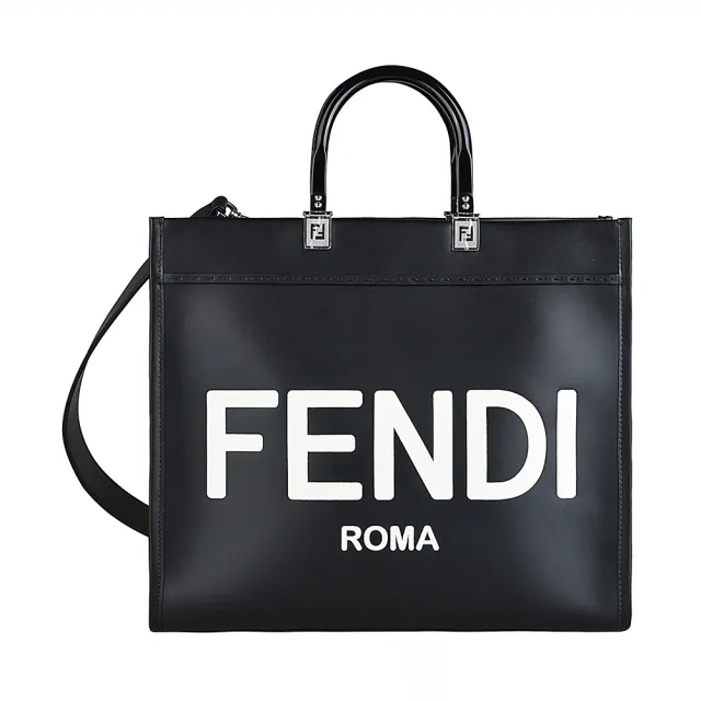 【FENDI 芬迪】FENDI Sunshine 白色燙字LOGO滑面牛皮肩背包(中型/黑x白)