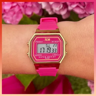 【Ice-Watch】ICE DIGIT RETRO系列 復古金框矽膠電子錶32mm-莓果色(女錶 童錶 數字錶)
