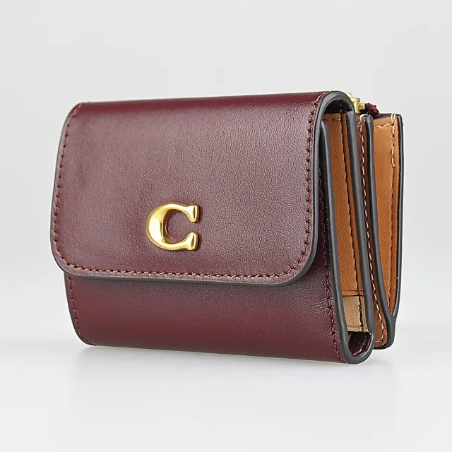 【COACH】COACH Essential古銅C字LOGO撞色小牛皮5卡按釦式卡片零錢短夾(酒紅x多色)