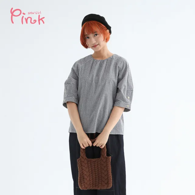 【PINK NEW GIRL】日系清新格紋五分袖上衣 Z1208AC