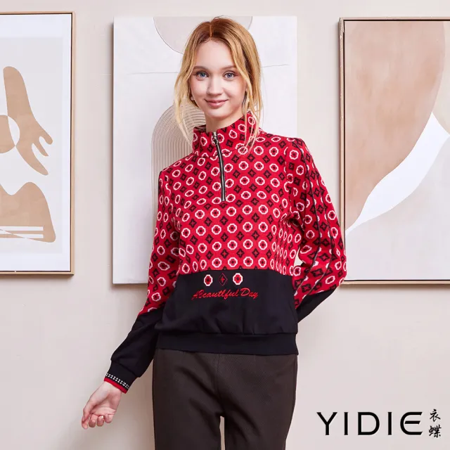 【YIDIE】立領拉鍊刺繡印花上衣-紅