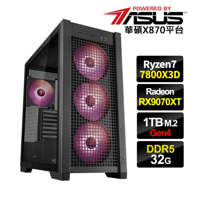 【華碩平台】R7八核 Radeon RX 9070 XT{3AK6}水冷電競電腦(R7-7800X3D/X870/32G D5/1TB_M.2/WIFI)
