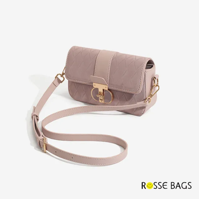 【Rosse Bags】質感菱格經典法式單肩小方包 斜跨包(米白/煙灰/藕粉)