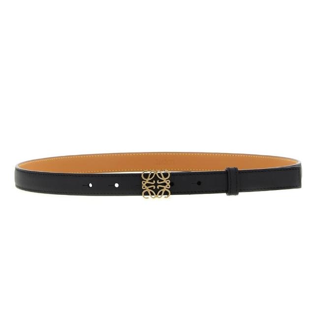 【LOEWE 羅威】Anagram 石紋小牛皮 腰帶 皮帶 2公分寬 黑色 金色