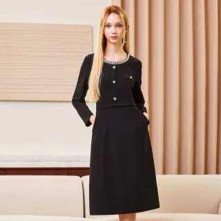 【MYVEGA 麥雪爾】MA小香風鑽領微A字羅馬布長洋裝-黑(素色洋裝/連身洋裝/女洋裝/小香風)