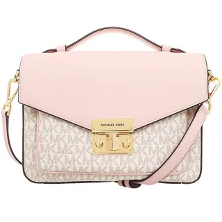 【Michael Kors】ROSE粉x香草白PVC滿版LOGO手提斜背郵差包